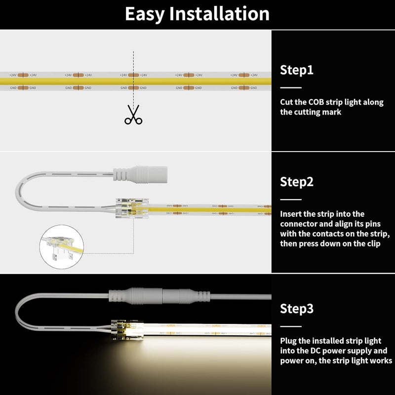 PAUTIX Strip to DC Female Plug Extension Connector 7.9in 8pcs,8mm Detachable Strip to Wire Connector,for 2-pin COB LED Strip Light 24V 12V 5 Volt,UL Listed 22 AWG Wires,NOT for 5mm 10mm or Other Size - Image 2